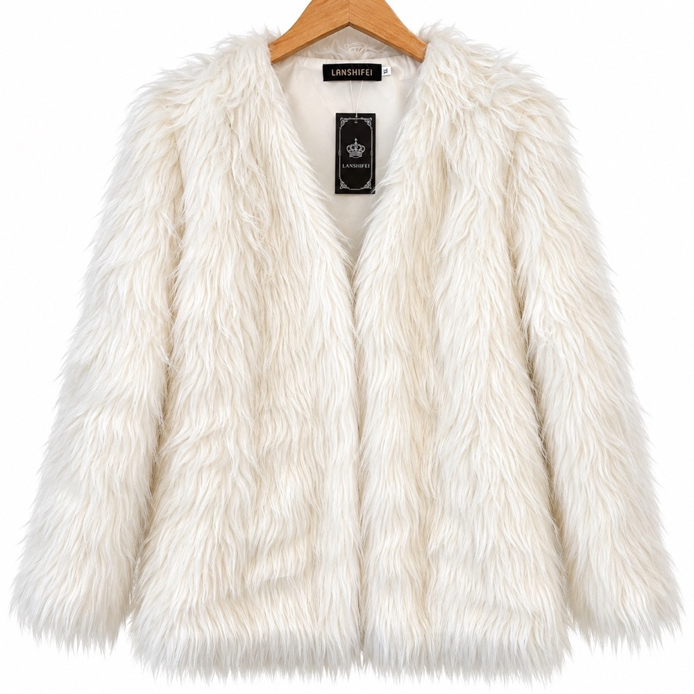 NWT Lanshifei White Shaggy Faux Fur Coat Jacket XL